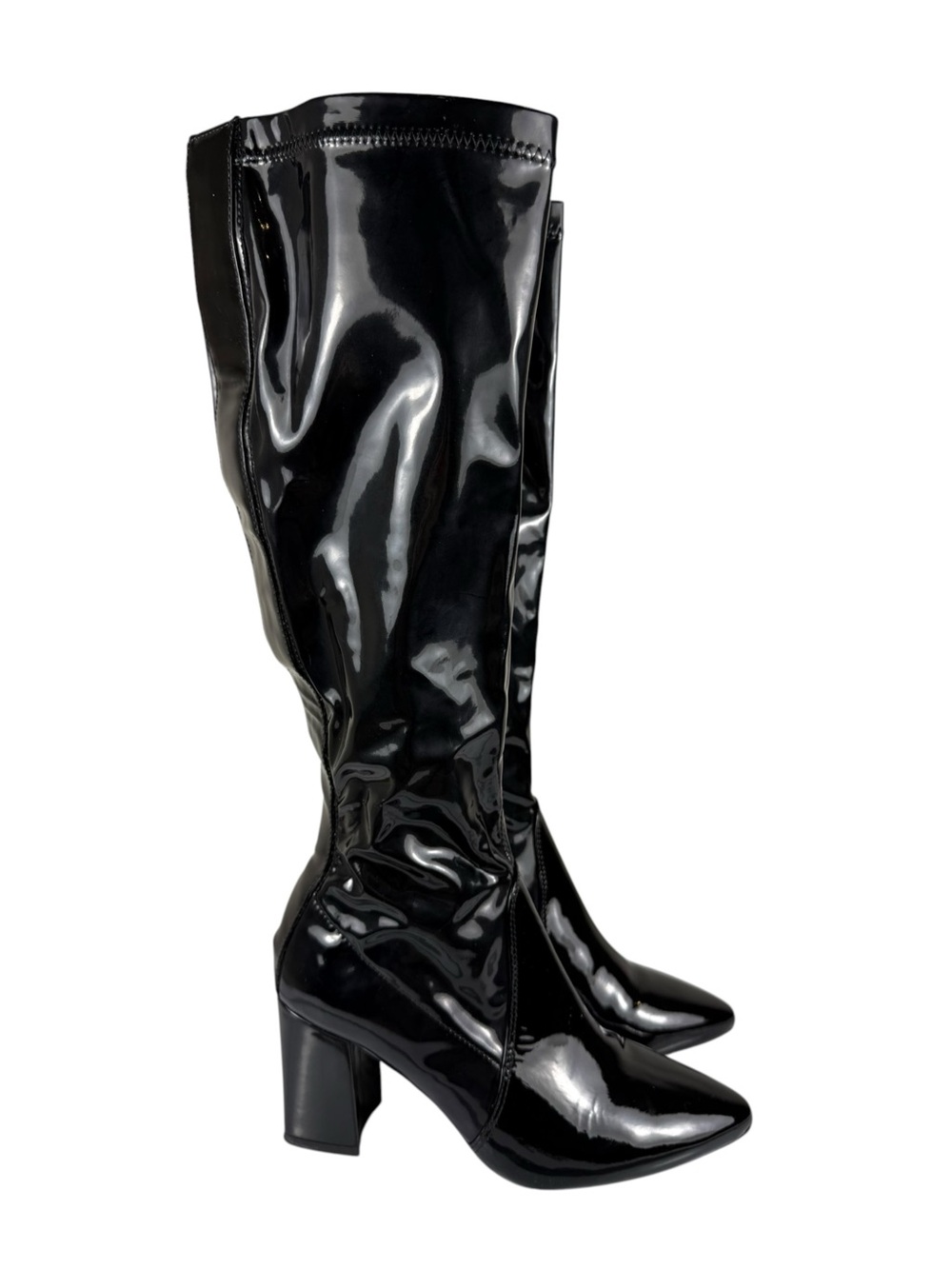 Aquatalia Phillina Black Patent Leather Stretch Knee High Block Heel Boots Sz 5